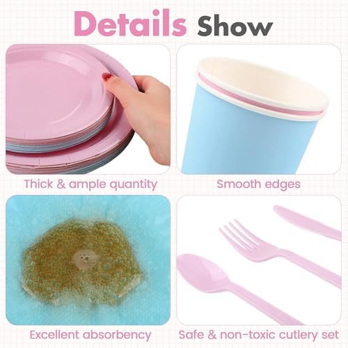 Kochorie 216 Pcs Gender Reveal Party Supplies Set, Pink and Blue Disposable Paper Tableware Set 7 inch & 9 inch Plates Cups Napkins Cutlery for Birthday Baby Shower Party Decorations, Serve 24 - Image 3