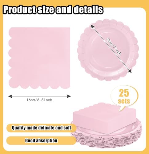 HEIPINIUYE 50 Pcs Light Pink Paper Plates and Napkins Party Supplies Include 7'' Pink Scalloped Plates and 6.5'' Paper Napkins Disposable Tableware Set for Dinner Wedding Birthday Party (Serves 25) - Image 3