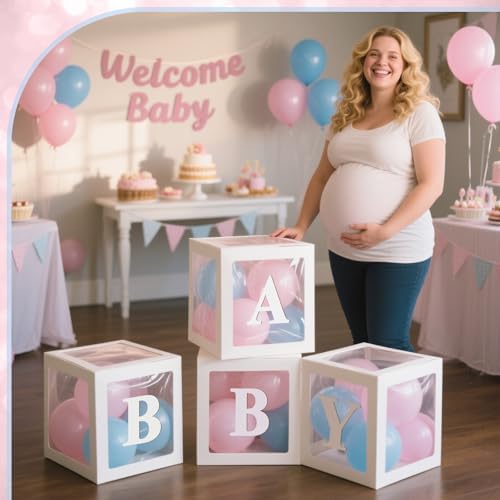 Ledido Baby Boxes with Letters for Baby Shower Decorations with 38 Balloons, 4 pcs Clear Balloon Boxes Blocks for Boys Girls Gender Reveal Decorations Birthday Backdrop Party (White) - Image 4
