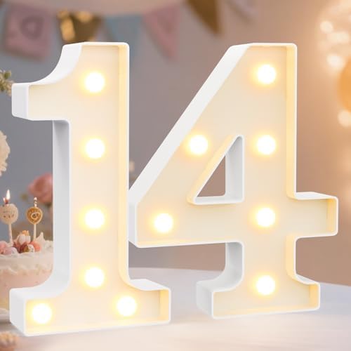 Pooqla Decorative Led Light Up Number Letters, White Plastic Marquee Number Lights Sign for 14th Birthday Party Wedding Decor Battery Operated Number (14) by Pooqla