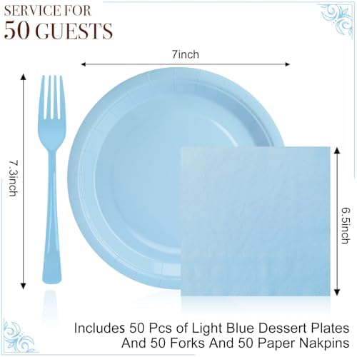 Light Blue Party Plates and Napkins, Include 7’’ Disposable Baby Blue Paper Dessert Plate Napkins Forks Party Supplies for Birthday, Baby Shower, Wedding, Picnics Party Decorations for Serves 50 - Image 2