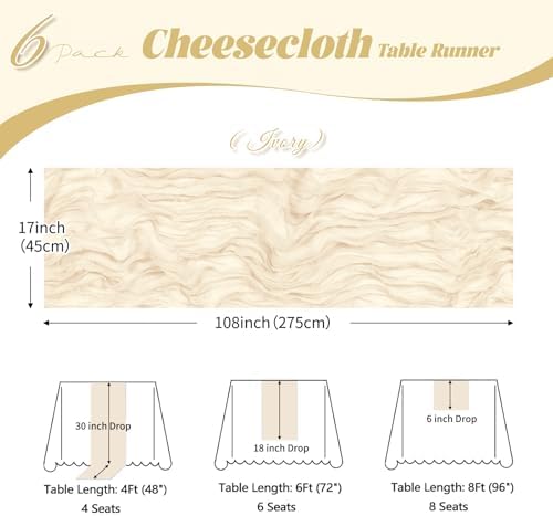 6 Pack Ivory Cheesecloth Table Runner, 17 x 108 inch, Semi Sheer Boho Cheese Cloth Fabric Table Runner Bulk for Wedding , Birthday, Party, Holiday, Home Decor (Ivory) - Image 3