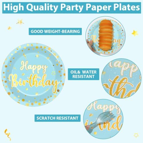 CHUNNIN 96PCS Blue Happy Birthday Plates and Napkins Happy Birthday Party Decorations Light Blue and Gold Dessert Plates Tableware for 24 Guests Kids Party Supplies - Image 3