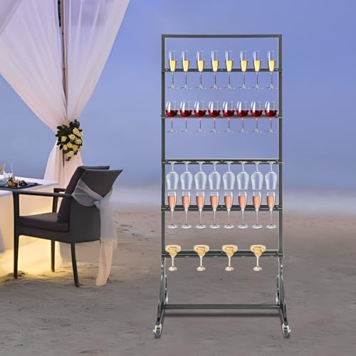 Champagne Tower Stand, 5-Tier Metal Champagne Flutes Display Stand Champagne Wall Holder for Party Champagne Rack Shelf Wine Glass Rack Hold 40 Glasses with Swivel Casters (Black) - Image 4