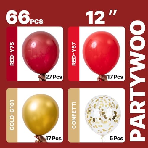 PartyWoo Red and Gold Balloons 66pcs 12 10 Inch Red Burgundy Gold Balloons - Image 2
