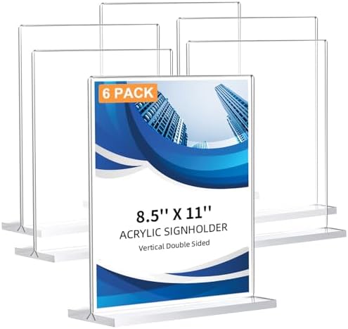 6 Pack Acrylic Sign Holder 8.5 x 11, Double-Sided Clear Sign Holder Plastic Stands for Display, T Shape Acrylic Table Sign Stands for Office Store Restaurants Wedding Party Decoration by DECOHOBO