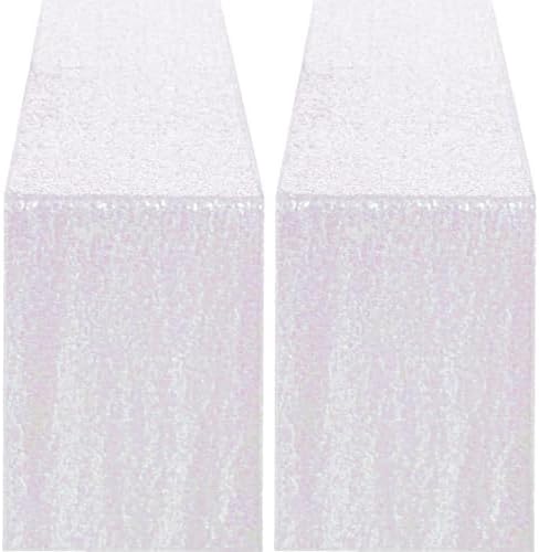 2 Packs 12 x 72 inches Sequin Table Runner, White Iridescent Glitter Table Runner for Birthday Party Supplies Wedding Engagement Baby Shower Holiday Celebration Event Decorations by Yblut