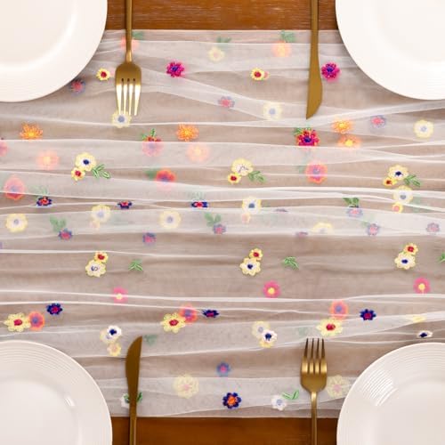 Flower Table Runner Fall Daisy Floral Tulle Cheesecloth Wedding Decor - Image 5