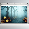Misty Forest Backdrop for Halloween Eve Party Glowing Pumpkin Lantern Spooky Dense Fog Dead Trees Stone Path Horror Night Photography Background Photo Booth Studio Props 6x4ft by CRTPODHomeDecor