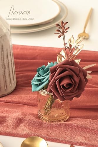 Floroom Artificial Flowers 25pcs Real Looking Teal Green Terracotta Ombre Colors Foam Fake Roses with Stems for DIY Wedding Bouquets Bridal Shower Centerpieces Floral Arrangements Tables Decoration - Image 6