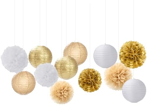 White Gold Party-Decorations Paper Flowers Lanterns - 15PCS Engagement Birthday Graduation Wedding Tissue Pom Poms Streamers,Neutral Bachelorette Baby Bridal Shower Hanging Supplies Decor Hugfond - Image 7