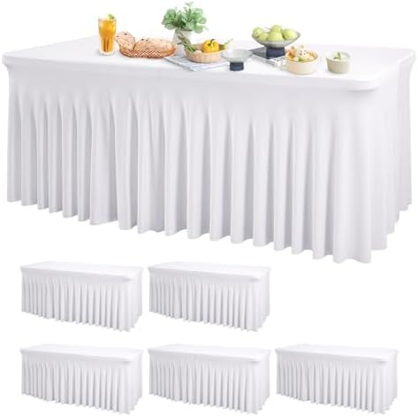 Wish Care 6 Pack White Spandex Table Clothes for 6 Foot Rectangle Tables, 6FT Wrinkle Free Fitted Tablecloths Ruffles Design Table Cover for Party, Banquet, Wedding and Events by WishCare