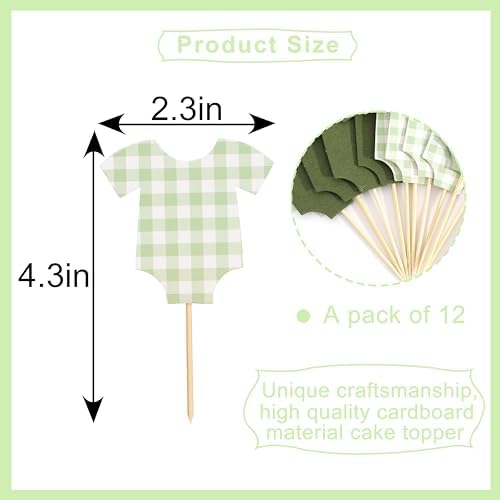 Saga Green Gingham Baby Shower Bodysuit Cupcake Topper,Blue Gingham Decor - Image 2