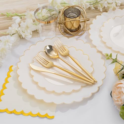 LIYH 210Pcs Ivory Scalloped Plastic Plates, Gold Rim Dinnerware Set Party - Image 3