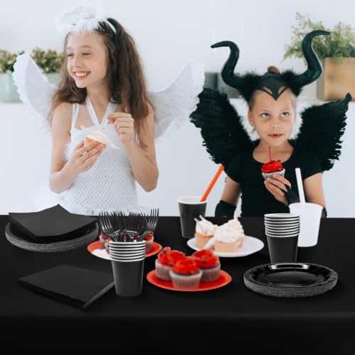 Severs 25 Guests Black Paper Plates Cups Napkins 9 Inch - Image 3