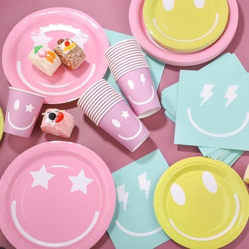Kochorie 96 Piece Preppy Smiley Face Party Paper Plates Preppy Smile Face Party Decorations Preppy Tableware Set Paper Smile Face Plates Cups Napkins Cutlery Serve 24 Guest for Birthday or Baby Shower - Image 4