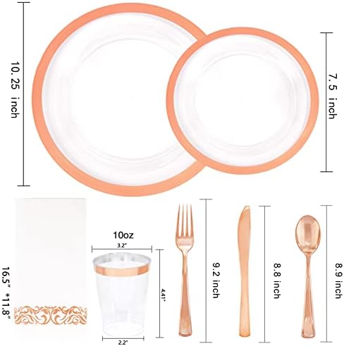 YOUBET 175PCS Rose Gold Plastic Plates - Clear Plastic Plates Disposable with Rose Gold Rim includes 50 Plates, 25Forks, 25Knives, 25Spoons, 25Cups, 25Napkins for Party & Wedding - Image 2