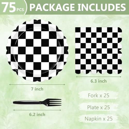 75 Pcs Black Checkered Paper Plates and Napkins&Forks for Party, 7inch - Image 2