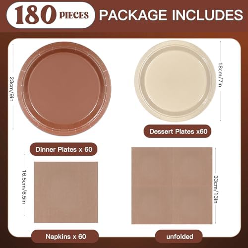 180Pcs Brown Party Supplies Boho Paper Plates and Napkins Serve 60 - Image 2