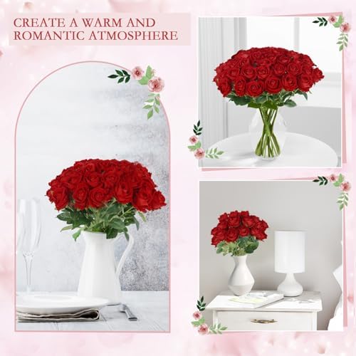 Hananona 50 Pcs Artificial Roses, Realistic Silk Red Flowers Bulk - Image 4