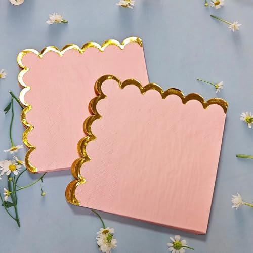100 pack Pink Cocktail Napkins with Gold Foil Accents Scalloped Edges 5 x 5 inch Beverage Disposable Napkin Party Decoration Wedding Bridal and Baby Shower Dinner Lunch Supplies - Image 7