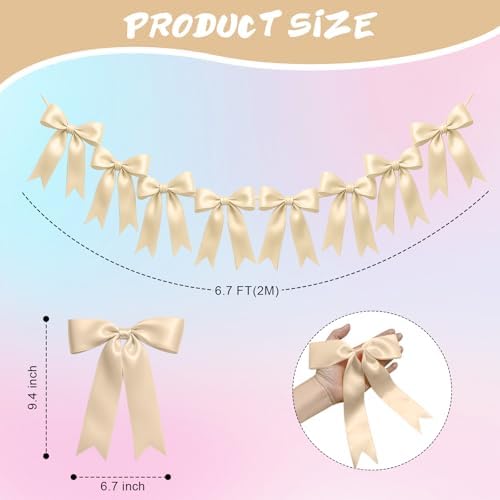 1 String of 8PCS Champange Bow Garland Banner Decoration,Pre-Strung Satin Ribbon Ornaments for Birthday,Bachelorette Party,Bridal Shower,Wedding,Engagement,Baby Shower,Graduation Decor,Anniversary - Image 2