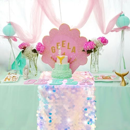 1 Pack Mermaid Party Table Runner 12 x 84 Inches Mermaid Tail Scales Sequin Table Runner Glitter Holographic Table Cover for Birthday Party Ocean Decorations - Image 2