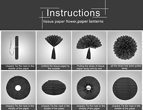 Black Silver Gold Party Decorations - 15Pcs Paper Flowers Tissue Pom Poms Paper Lanterns Graduation Hanging Decor Retirement Decoration 50th 80th 90th Men Birthday Anniversary HongTongTong - Image 3