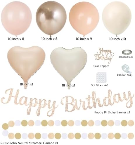 Champagne-Gold Beige Fall Boho Birthday Party Decorations 62pcs Happy Birthday Banner, Peach White Paper Lanterns, Streamers, Tissue Pom Poms, Blush Beige Boho Party Balloons, Rustic Backdrop Decor - Image 3