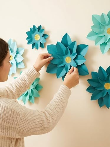 Turquoise Paper Flower for Wall Wedding Party Birthday Celebration Backdrop Decoration Pack of 9 - Image 3