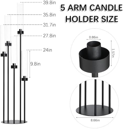 39.8''Matte Black Candle Holder with Acrylic Shades,Tall 5 Arm Candelabra - Image 3