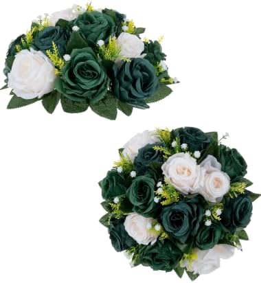 BLOSMON Green Flowers Artificial for Decoration: 15 Fake Silk Roses, 2 Pcs by Blosmon