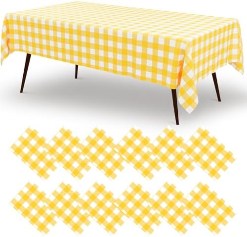 misaya 12 Packs Yellow White Buffalo Gingham Plastic Disposable Table Cloth by misaya