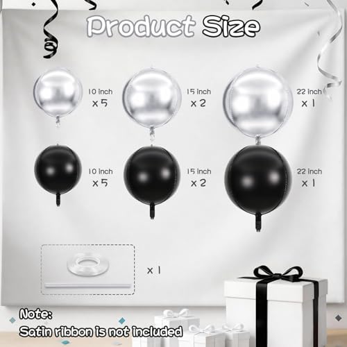 Togvu Black Silver Round Foil Balloons 16PCS Different Size 4D Ball Balloon - Image 2