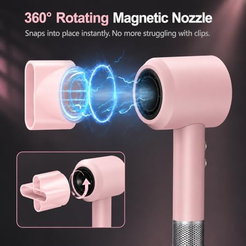 High Speed Hair Dryer with Magnetic Nozzle, Smart Hot & Cold Cycle Ionic Blow Dryer, Low Noise Lightweight Travel Pink Hairdryer, 105K RPM Brushless Motor for Fast Drying - Image 5