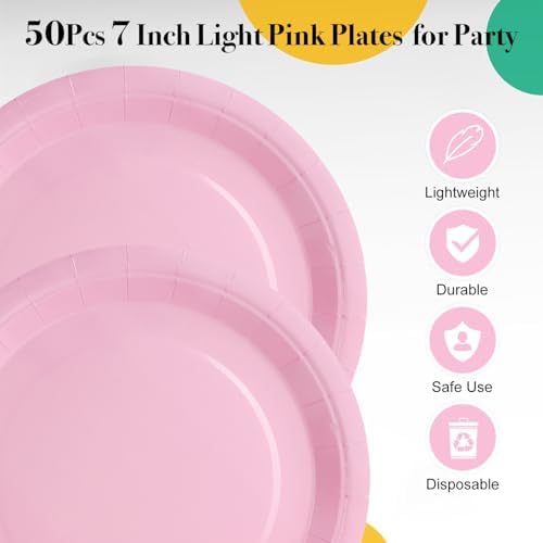 Light Pink Party Plates and Napkins, Include 7’’ Disposable Paper Dessert Plates Napkins Forks Party Supplies for Baby Shower, Wedding, Birthday Party Decorations for Serves 50 - Image 3