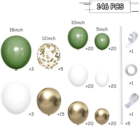 MEBAY Green White Gold Balloon Arch Kit, 146Pcs Avocado Green Metallic Chrome Gold Confetti and White Latex Balloons for Wedding Birthday Baby Shower Decoration - Image 2