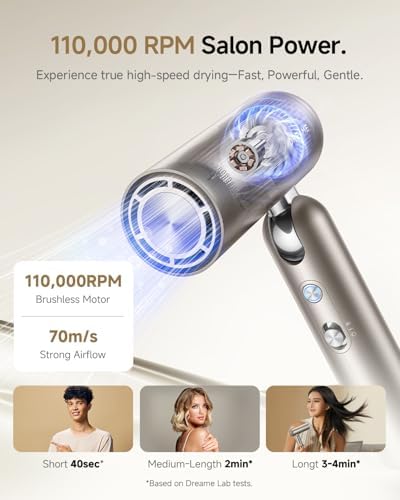 DREAME Pocket Pure High-Speed Hair Dryer, Lightweight Foldable Blow Dryer with 110,000 RPM Motor, Ionic Care, 5 Modes, Travel Bag, Quiet Fast Drying for Frizz-Free Hair - Image 4