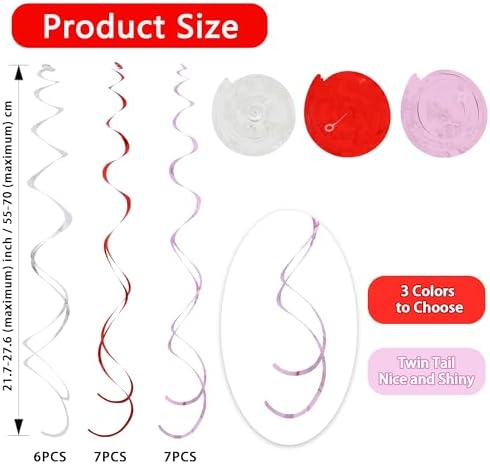 BEISHIDA 20Pcs Red Pink Silver Hanging Swirl Valentine Girls Birthday Decor - Image 2