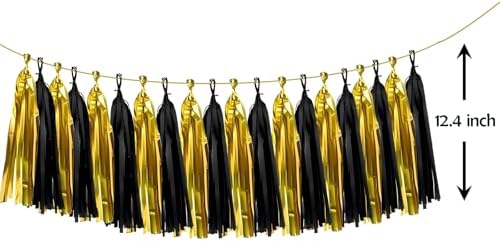 ZOOYOO Shiny Tassel Garland Tissue Paper Tassel Banner Table Decor,DIY Kits for Birthday,Wedding,Bridal Shower,Bachelorette,Graduation,Anniversary,New Year Party Decorations,Pack of 20(Black Gold) - Image 2