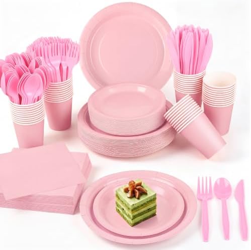 Kochorie 350 Pcs Pink Paper Dinnerware Set, 7 & 9 Inch Disposable Pink Dessert Plates Cups Napkins Cutlery Party Supplies for Birthday Wedding Baby Shower Party Decoration, Serve 50 by Kochorie
