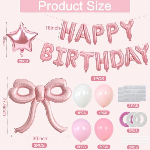 Bow Party Decorations Pink Happy Birthday Balloons Banner Pink Birthday Decorations Bow Balloons for Women Girls Birthday Decor Party Supplies - Image 2