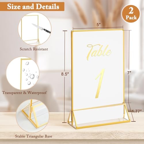 Floroom 2 Pack 5x7 Inch Clear Acrylic Sign Holders, Gold Border Double-Sided Vertical Picture Frames & Display Stands for Table Numbers, Photos, Menus, Flyers, Weddings, Parties & Events - Image 2