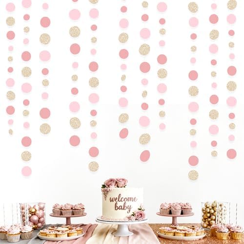 Champagne Gold Rose Pink Polka Dot Garland Champagne Dusty Pink Circle Dot Hanging Streamer Banner for Birthday Bridal Shower Wedding Engagement Retirement Boho Party Decorations Supplies - Image 5
