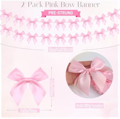 2pcs Pink Bow Garland Banner, Pink Ribbon Bow Party Decorations for Baby Shower Girls Bow Coquette Birthday Party Decor - Image 2