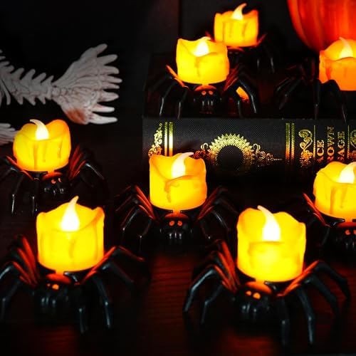 Dazzle Bright 12 Pack Halloween Spider Tea Lights Candles, Battery Operated LED Flameless Spider Candles Holder Lights, Spooky Halloween Decorations for Party Table Home Decor - Image 4