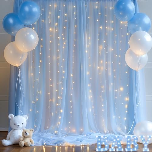 10×10ft Blue Tulle Backdrop Curtain with Lights String for Parties, Sheer Photo Curtain Backdrop Drapes for Wedding Party Photography Backgrounds - Image 5
