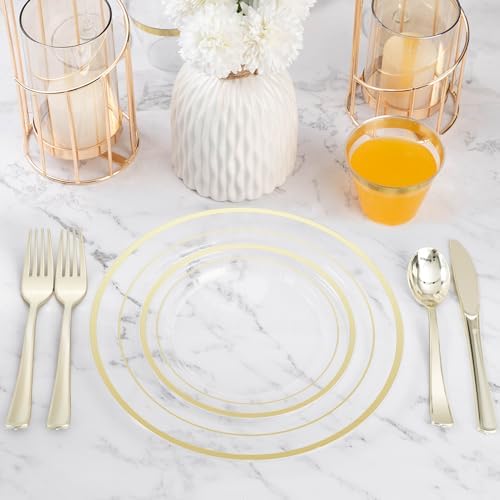 BESTVIP 300 Pcs Clear Gold Plastic Dinnerware Set for 50 Guests - Image 6