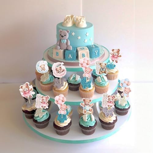 Gyufise 32Pcs Baby Shower Bear Cupcake Toppers Moon Baby Bear Baby Shower Cake Topper Decorations Jungle Animal Theme Birthday Party Cake Supplies Blue Pink - Image 5