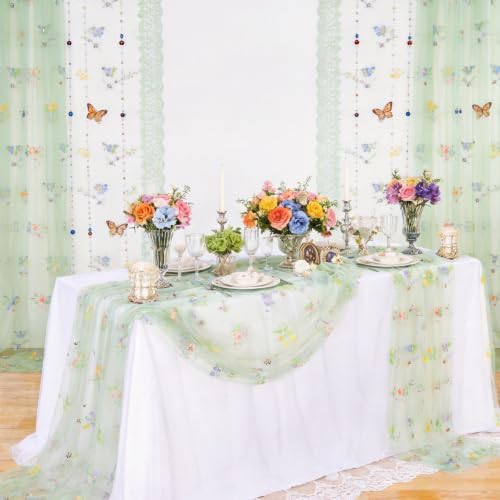 Floral Gauze Table Runner Green 10ft Embroidery Tulle Spring Wildflower - Image 5